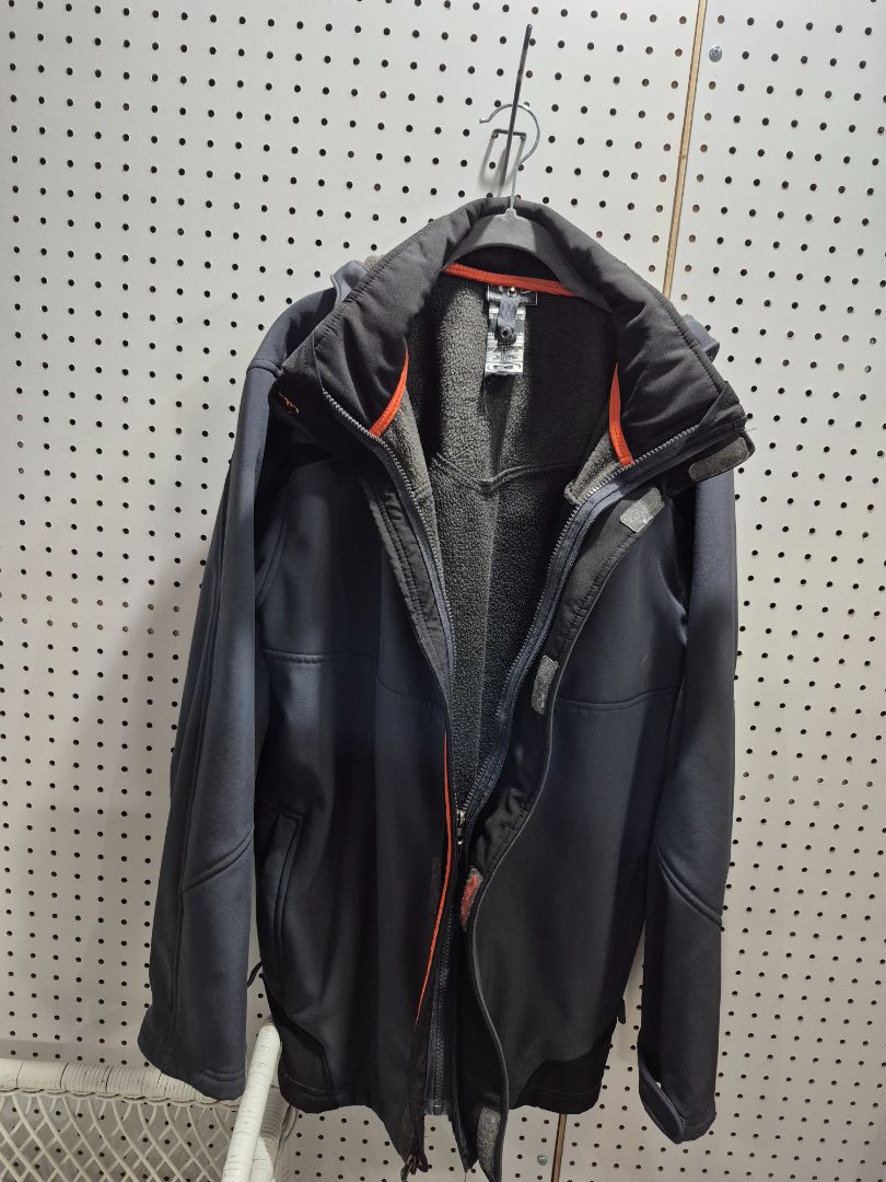 Charcoal, orange stripe CB Jacket w/Removable Hood, zipper/velcro, L