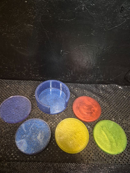 Holder Blue w/Gold Glitter, Coasters Multi Colors Homemade Resin Coasters in Holder, Holder 4" × 1.5"; Coasters 3.5"