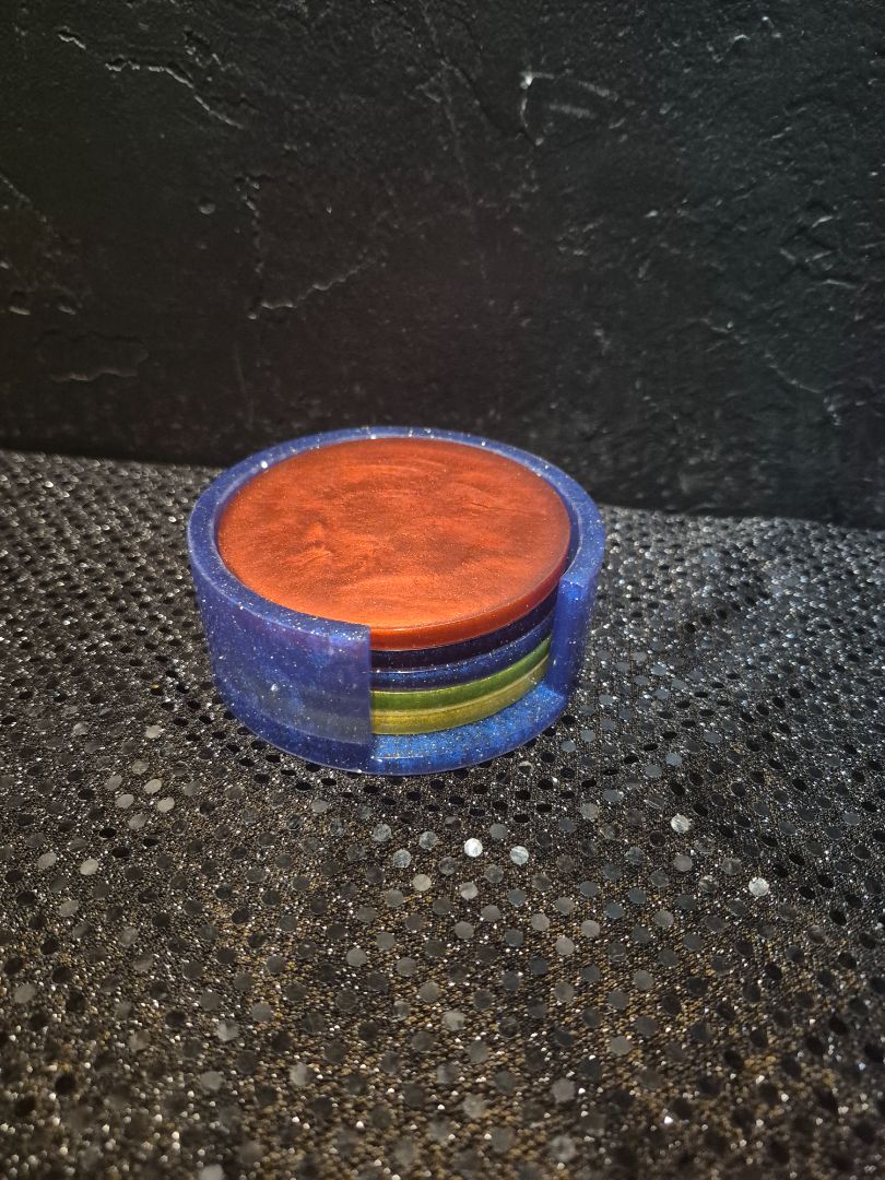 Holder Blue w/Gold Glitter, Coasters Multi Colors Homemade Resin Coasters in Holder, Holder 4" × 1.5"; Coasters 3.5"