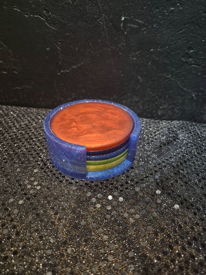 Holder Blue w/Gold Glitter, Coasters Multi Colors Homemade Resin Coasters in Holder, Holder 4" × 1.5"; Coasters 3.5"