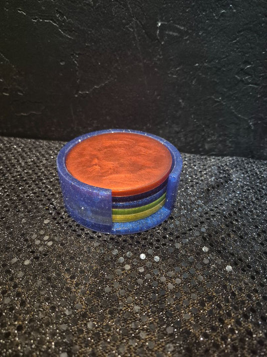 Holder Blue w/Gold Glitter, Coasters Multi Colors Homemade Resin Coasters in Holder, Holder 4" × 1.5"; Coasters 3.5"