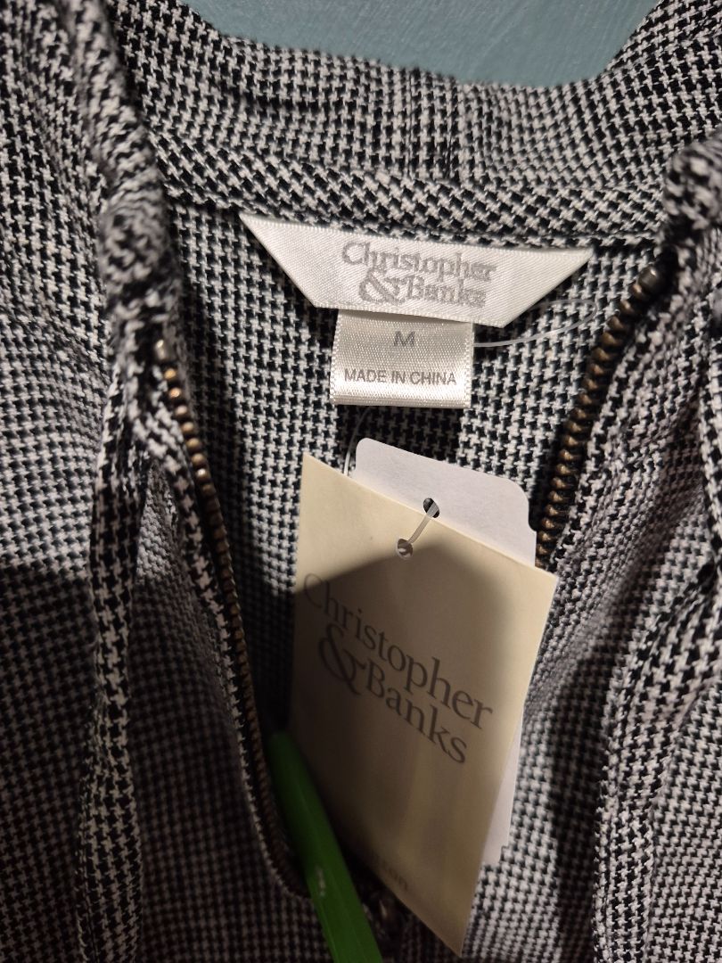 Black White Linen Christopher & Banks Zippered Lightweight Jacket w/Hood, New w/Tags, M