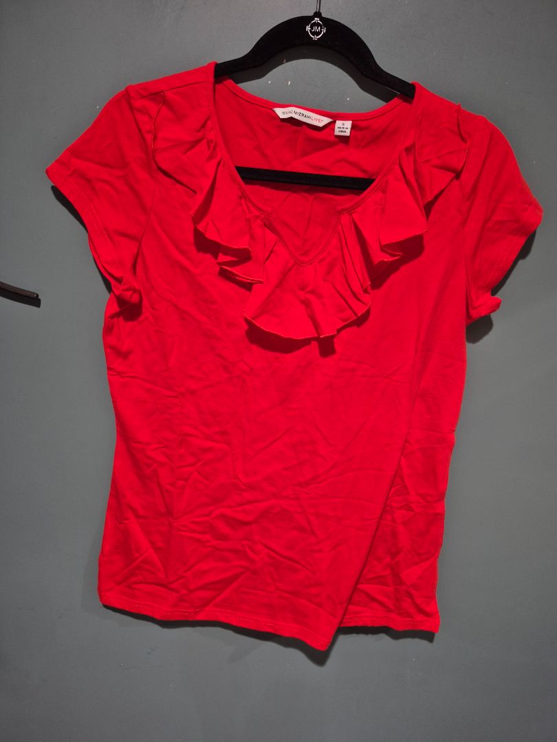 Red Isaac Mizrahi Short Sleeve Ruffled V-Neck T-Shirt, S