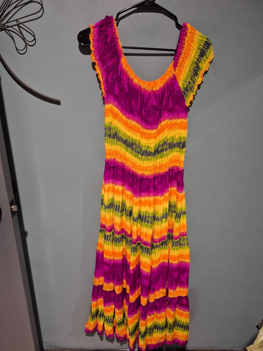 Multi Colored Handmade Tie-Dyed Short Sleeve Maxi Dress