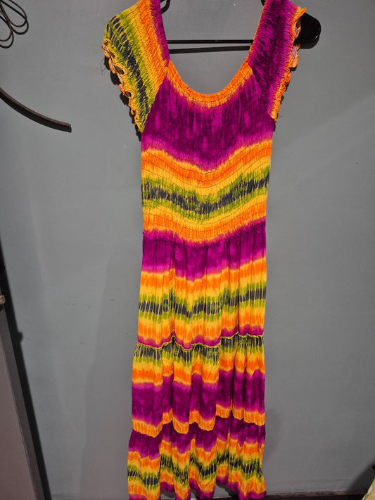 Multi Colored Handmade Tie-Dyed Short Sleeve Maxi Dress