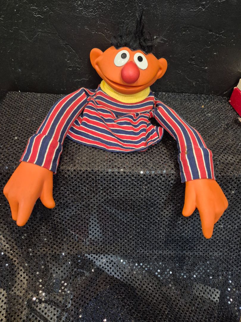 Orange w/Blue & Red Stripped Shirt  Vintage Sesame Street Ernie Hand Puppet, 6" × 18"
