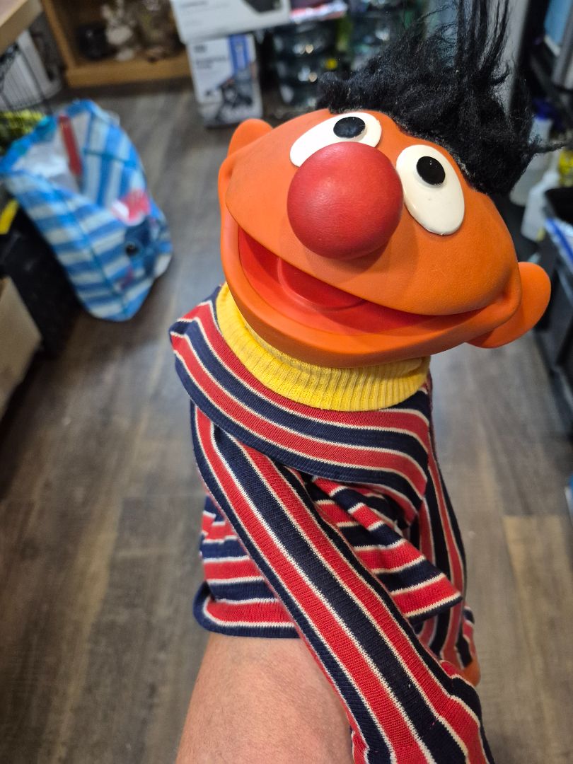 Orange w/Blue & Red Stripped Shirt  Vintage Sesame Street Ernie Hand Puppet, 6" × 18"