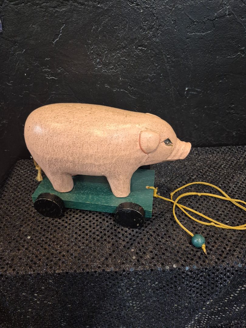 Pink Pig on Green Cart Vintage Wooden Pull Toy, 4.5" × 7" × 5"