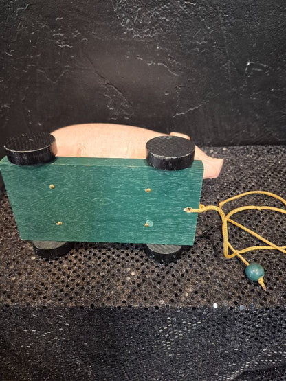 Pink Pig on Green Cart Vintage Wooden Pull Toy, 4.5" × 7" × 5"