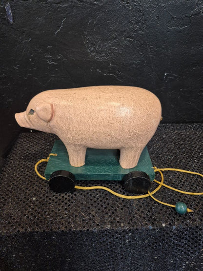 Pink Pig on Green Cart Vintage Wooden Pull Toy, 4.5" × 7" × 5"