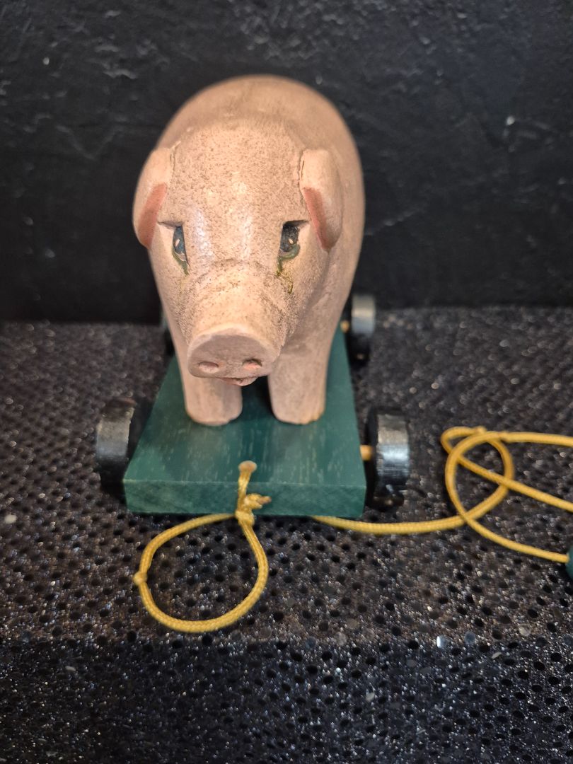 Pink Pig on Green Cart Vintage Wooden Pull Toy, 4.5" × 7" × 5"