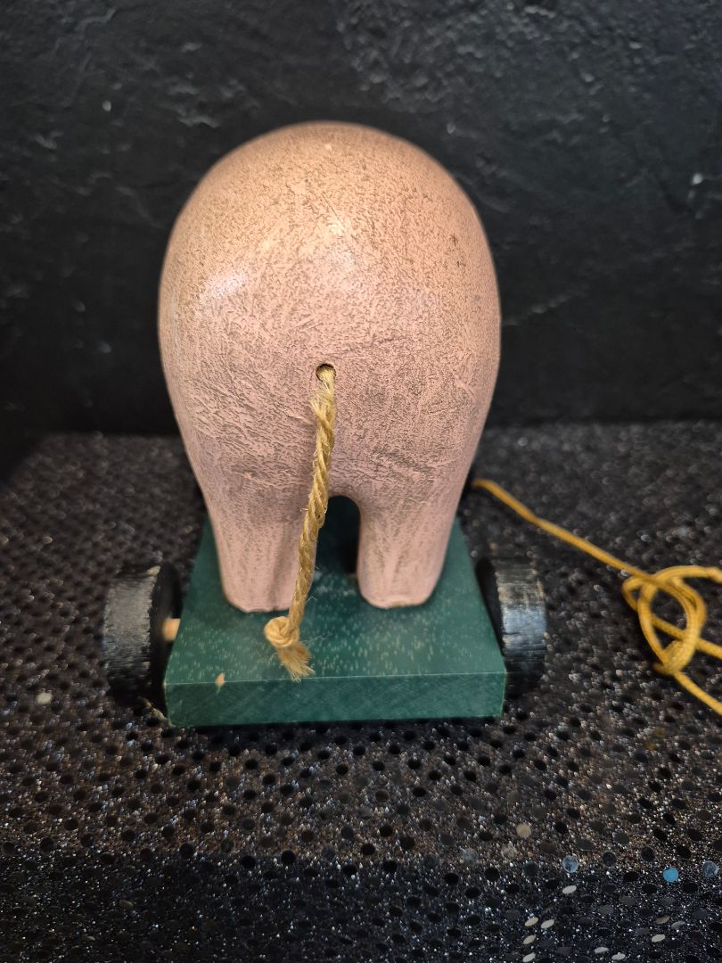 Pink Pig on Green Cart Vintage Wooden Pull Toy, 4.5" × 7" × 5"
