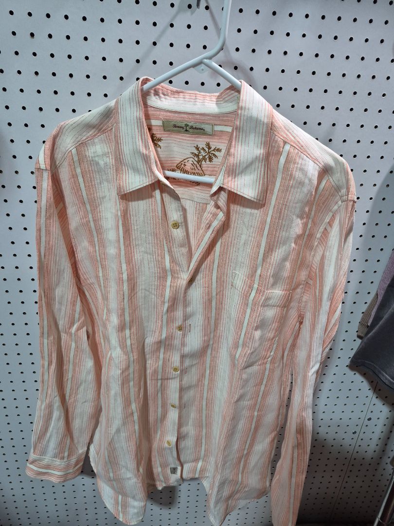 Coral/White Striped Tommy Bahama Long Sleeve Button Shirt, L