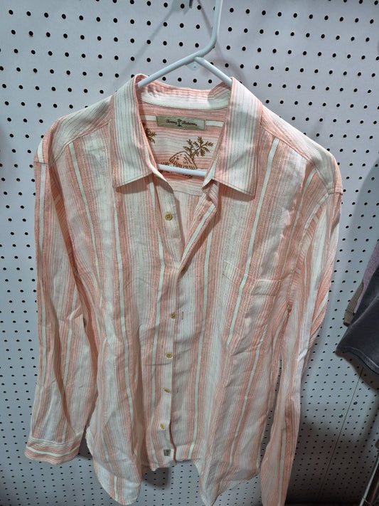 Coral/White Striped Tommy Bahama Long Sleeve Button Shirt, L
