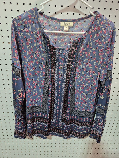Blue w/Flowers Style & Co Long Sleeve Blouse, S