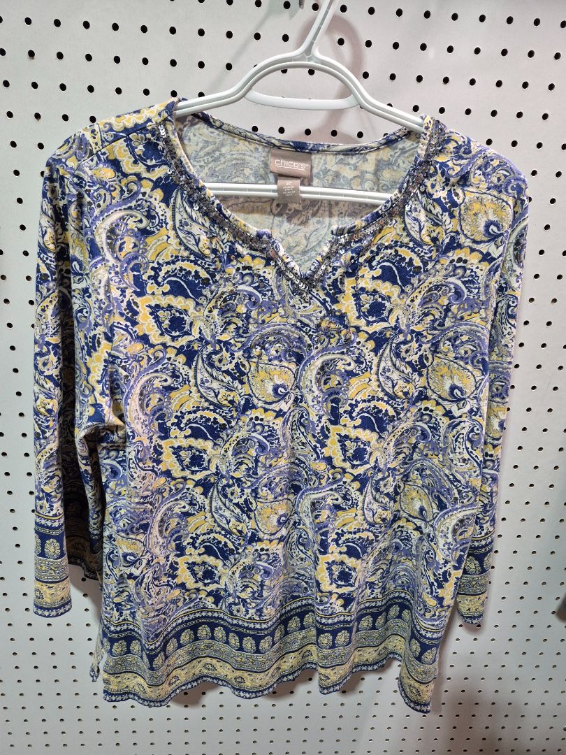 Blue/Yellow Paisley Chico's 3/4 Sleeve Shirt, 2