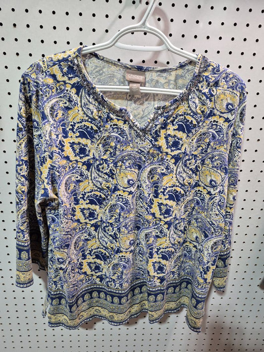 Blue/Yellow Paisley Chico's 3/4 Sleeve Shirt, 2