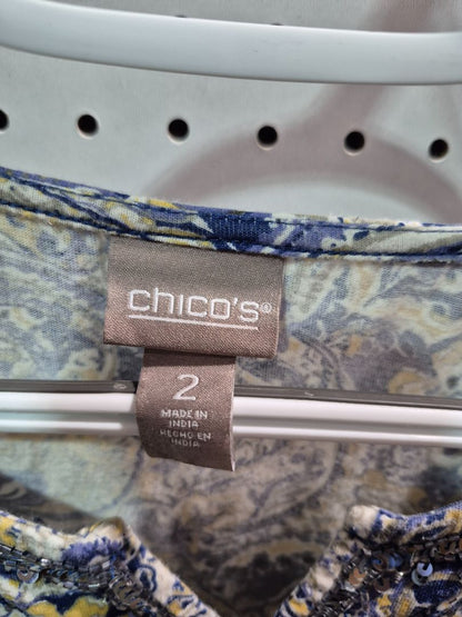 Blue/Yellow Paisley Chico's 3/4 Sleeve Shirt, 2