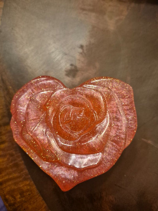 Red w/Gold Glitter Handmade Heart Shaped Resin Trinket Box, 3.75" × 3.5" × 2"