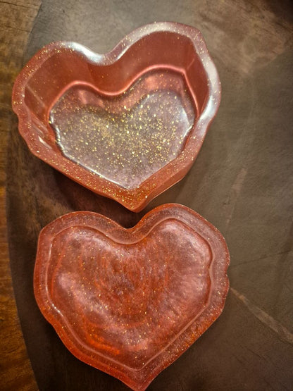 Red w/Gold Glitter Handmade Heart Shaped Resin Trinket Box, 3.75" × 3.5" × 2"