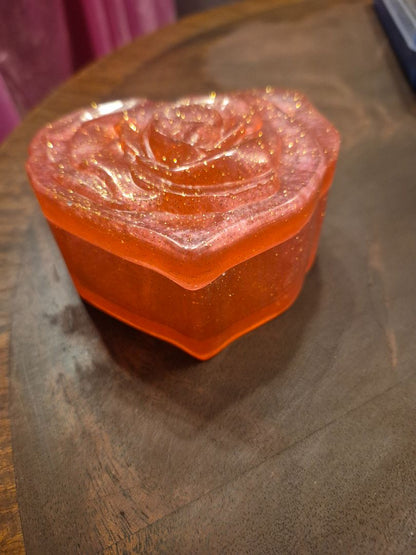 Red w/Gold Glitter Handmade Heart Shaped Resin Trinket Box, 3.75" × 3.5" × 2"