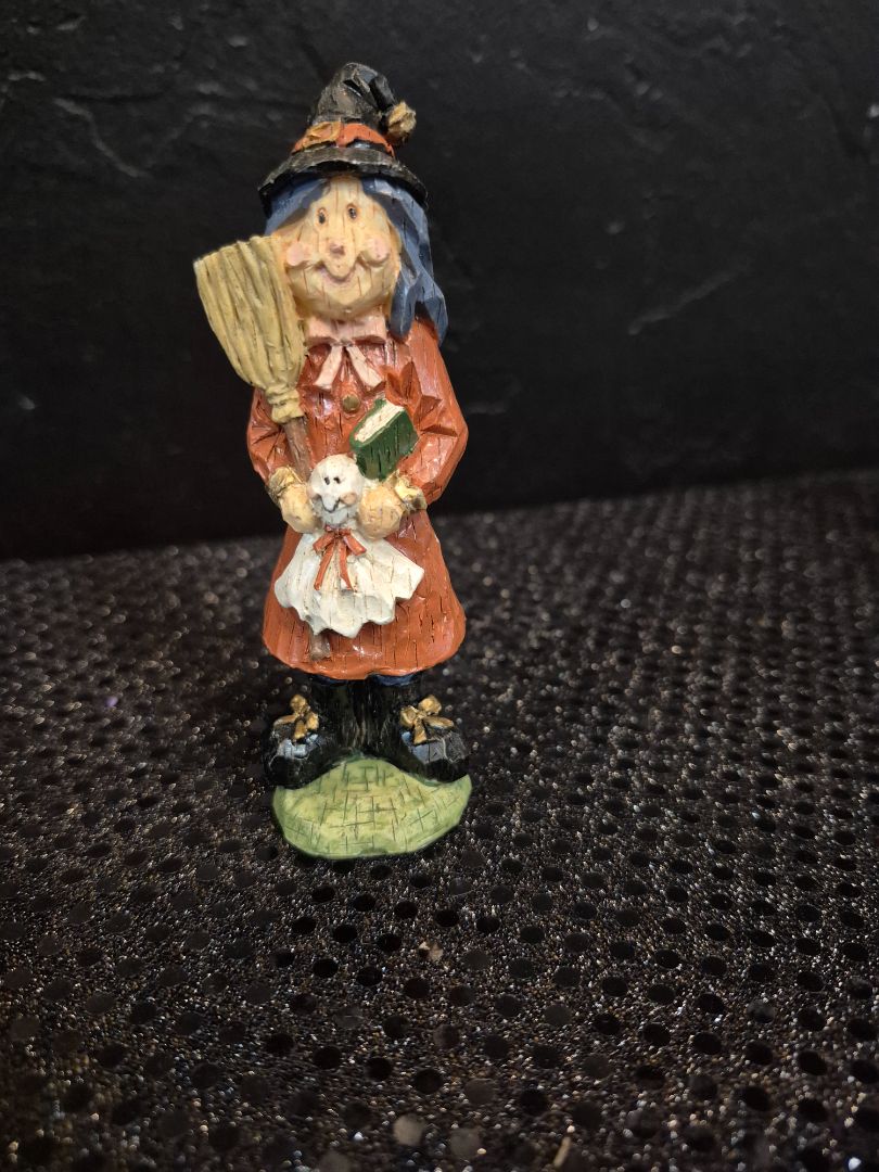 Folk Art Witch Holding Ghost Resin Figurine, 4.25