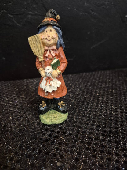 Folk Art Witch Holding Ghost Resin Figurine, 4.25