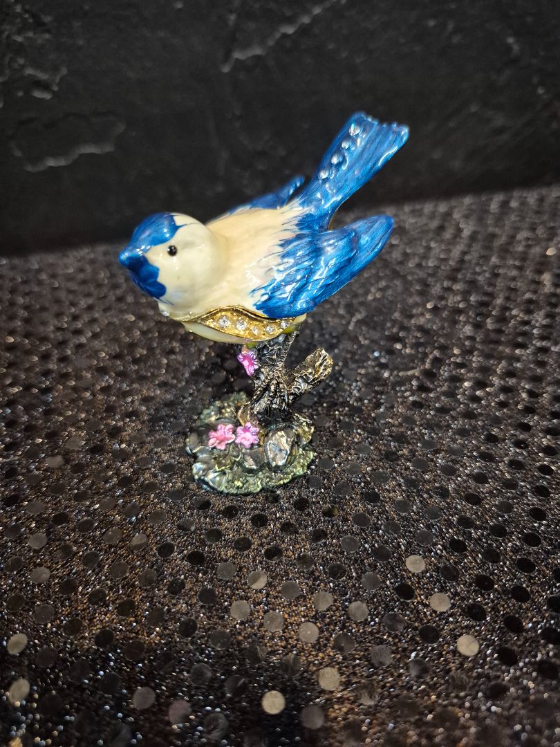 Bejeweled Enamel Coated Metal Blue Bird Trinket Box, 2.5"