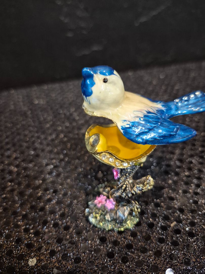 Bejeweled Enamel Coated Metal Blue Bird Trinket Box, 2.5"