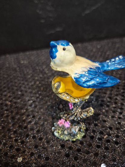 Bejeweled Enamel Coated Metal Blue Bird Trinket Box, 2.5"