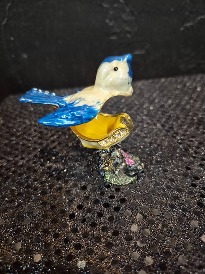 Bejeweled Enamel Coated Metal Blue Bird Trinket Box, 2.5"