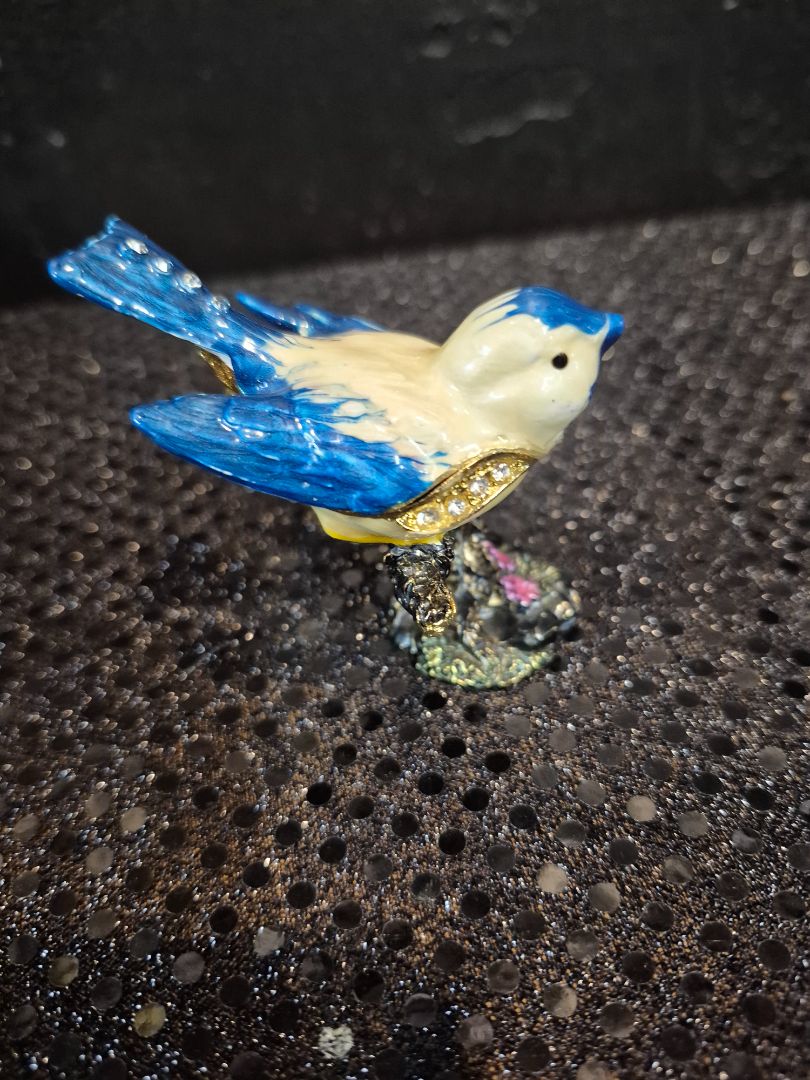 Bejeweled Enamel Coated Metal Blue Bird Trinket Box, 2.5"