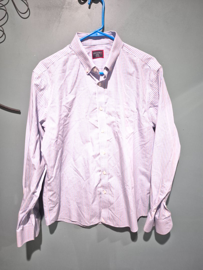 Blue & Peach Plaid Untuckit Long Sleeve Button Shirt, L