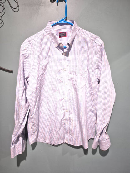 Blue & Peach Plaid Untuckit Long Sleeve Button Shirt, L