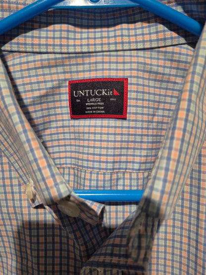Blue & Peach Plaid Untuckit Long Sleeve Button Shirt, L