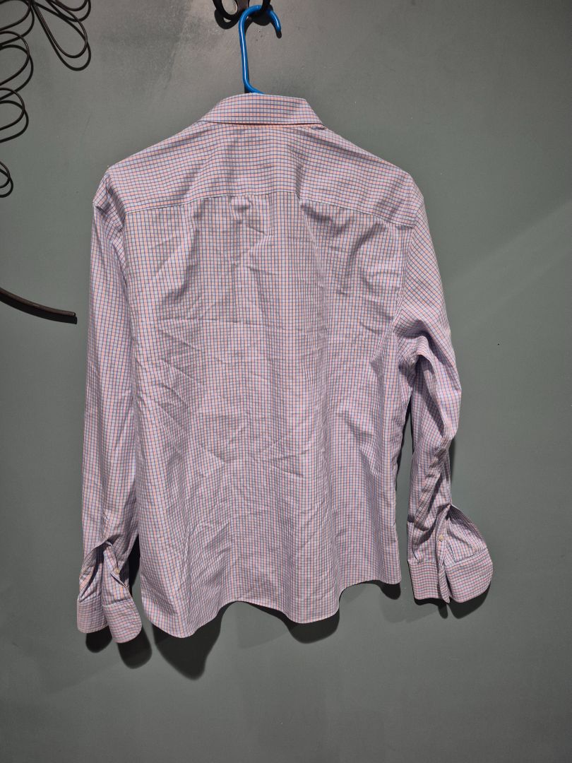 Blue & Peach Plaid Untuckit Long Sleeve Button Shirt, L