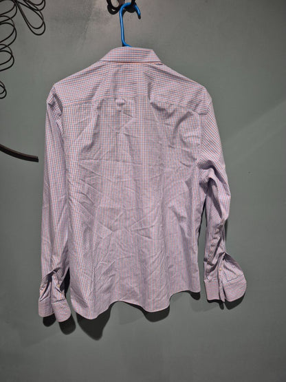 Blue & Peach Plaid Untuckit Long Sleeve Button Shirt, L