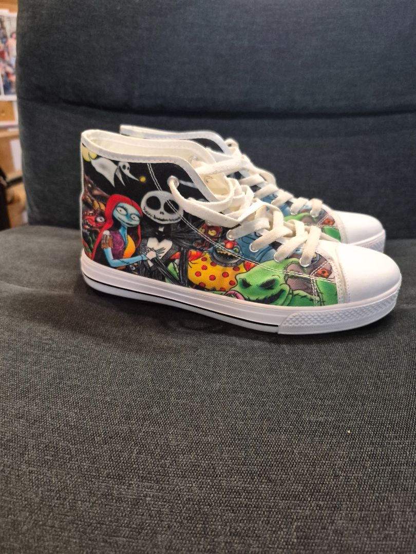 Jack Skellington & Sally the Nightmare  Nightmare Before Christmas High Top Sneakers, 40 / 7.5 Mens