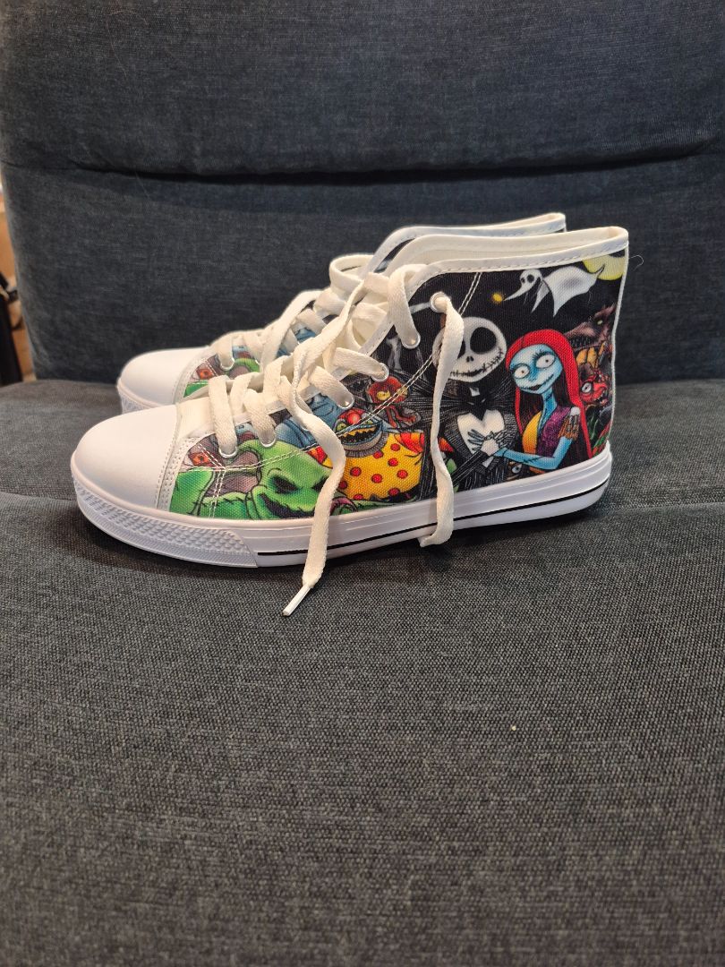 Jack Skellington & Sally the Nightmare  Nightmare Before Christmas High Top Sneakers, 40 / 7.5 Mens