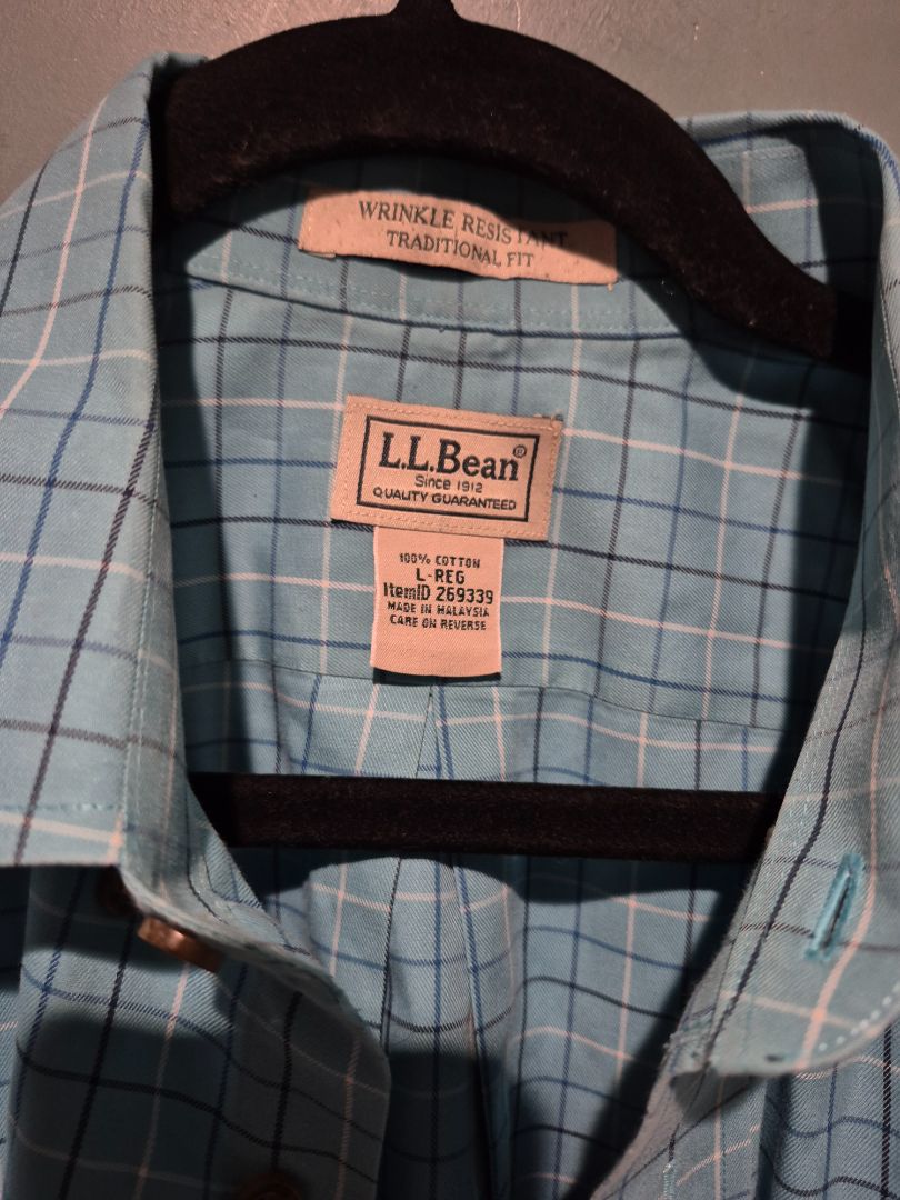 Blue LL Bean Short Sleeve Button Shirt, L Traditional Fit