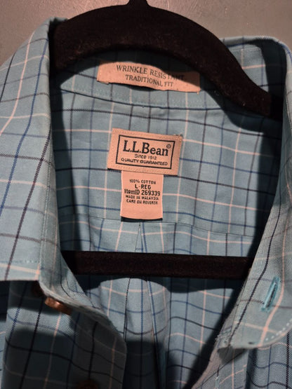 Blue LL Bean Short Sleeve Button Shirt, L Traditional Fit