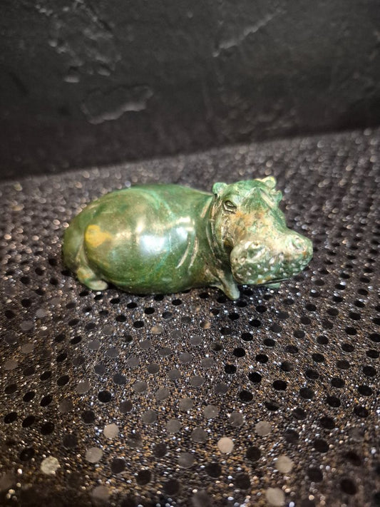 Green  Signed Serpentine Hippopotamus Sculpture, 3.5" × 1.5"