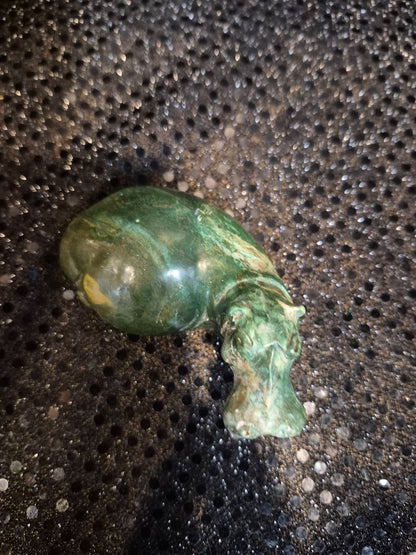 Green  Signed Serpentine Hippopotamus Sculpture, 3.5" × 1.5"