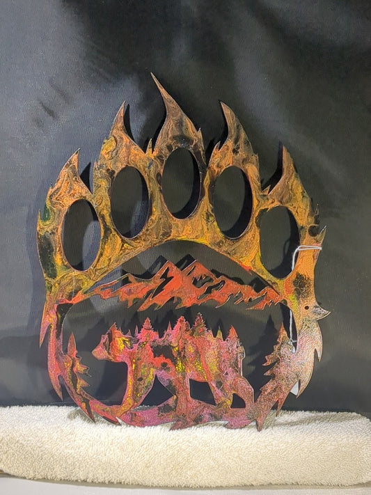 Copper, Blue and Green Luminous Creations Acrylic Poured Bear Claw, 12 inches X 10 inches
