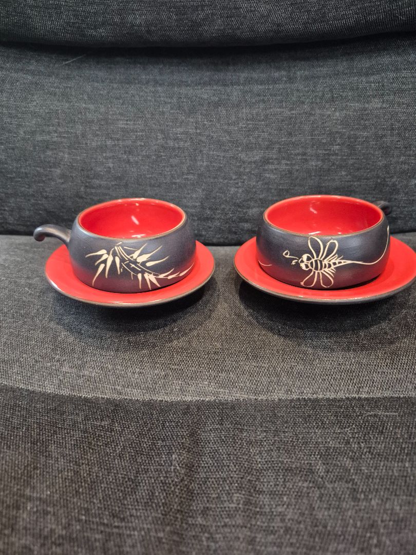 Black & Red w/Dragonfly & Bamboo  Vintage-style Japanese Tea Cup and Saucer Set, Pair - 4 pcs., Cup 3" × 2" Saucer 4"
