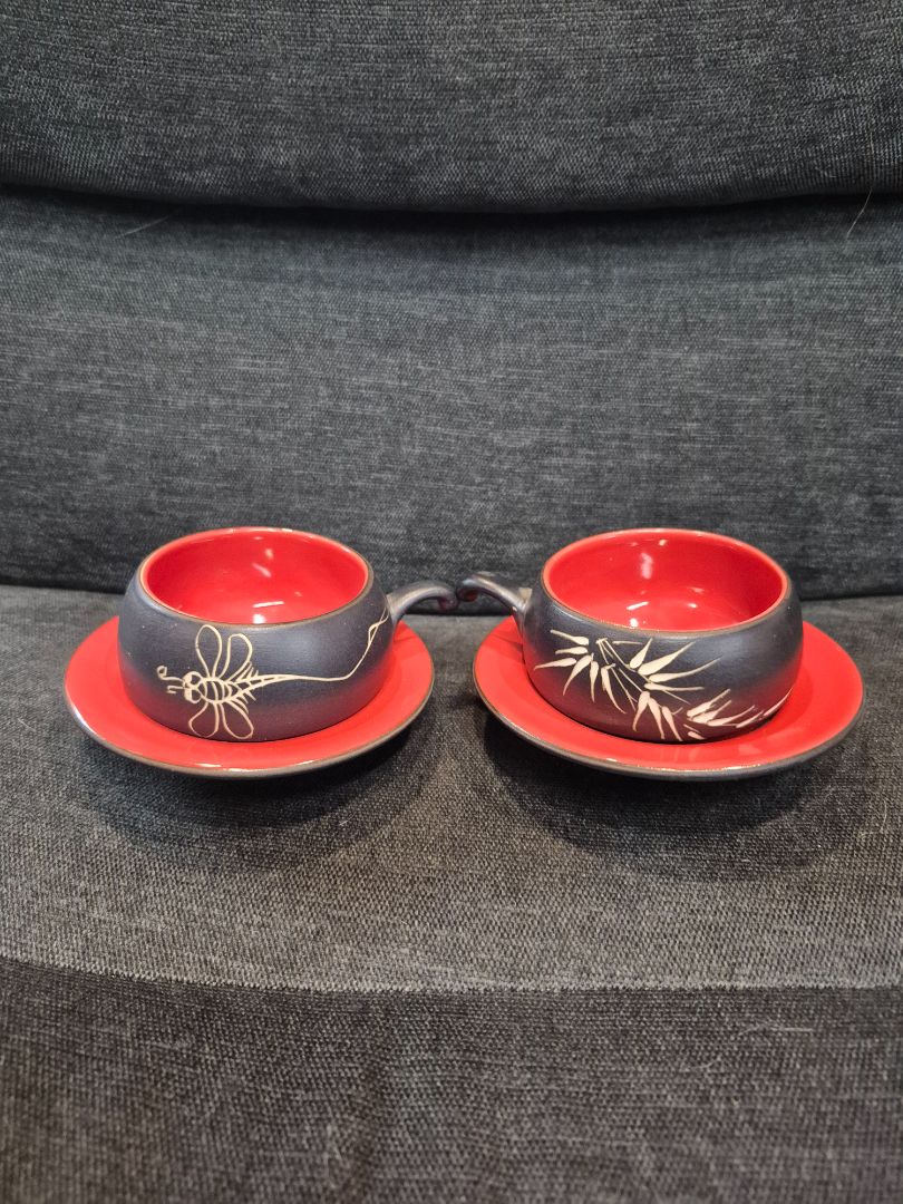 Black & Red w/Dragonfly & Bamboo  Vintage-style Japanese Tea Cup and Saucer Set, Pair - 4 pcs., Cup 3" × 2" Saucer 4"