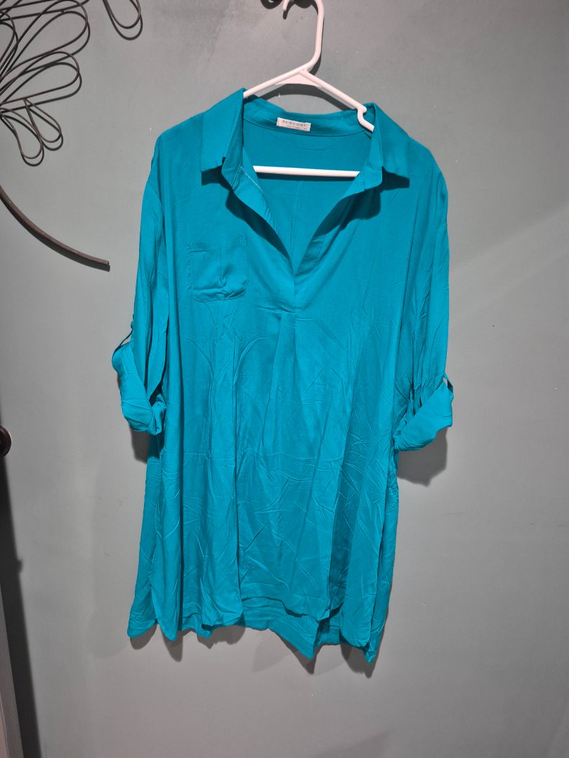 Teal Ekouaer Oversized Shirt Womens Roll Tab Sleeves Rayon Blouse, XXL