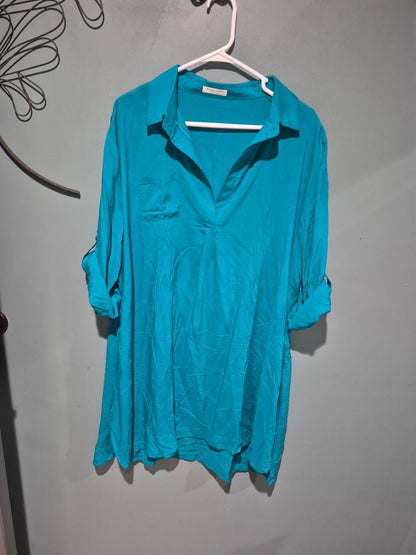 Teal Ekouaer Oversized Shirt Womens Roll Tab Sleeves Rayon Blouse, XXL