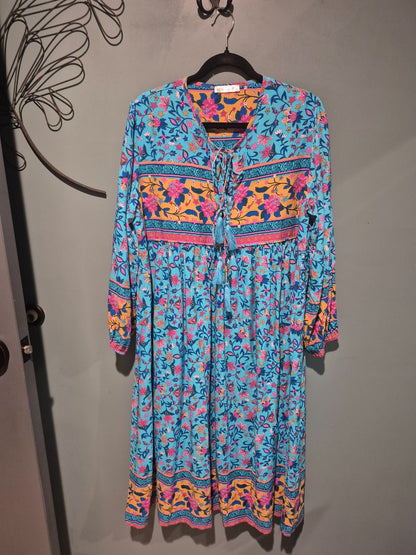 Pink & Blue Floral Print R. Vivimos Front Tassel Long Sleeve Dress, XL / US 16/18