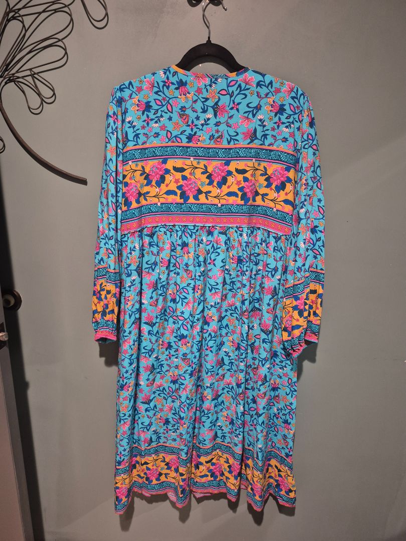Pink & Blue Floral Print R. Vivimos Front Tassel Long Sleeve Dress, XL / US 16/18